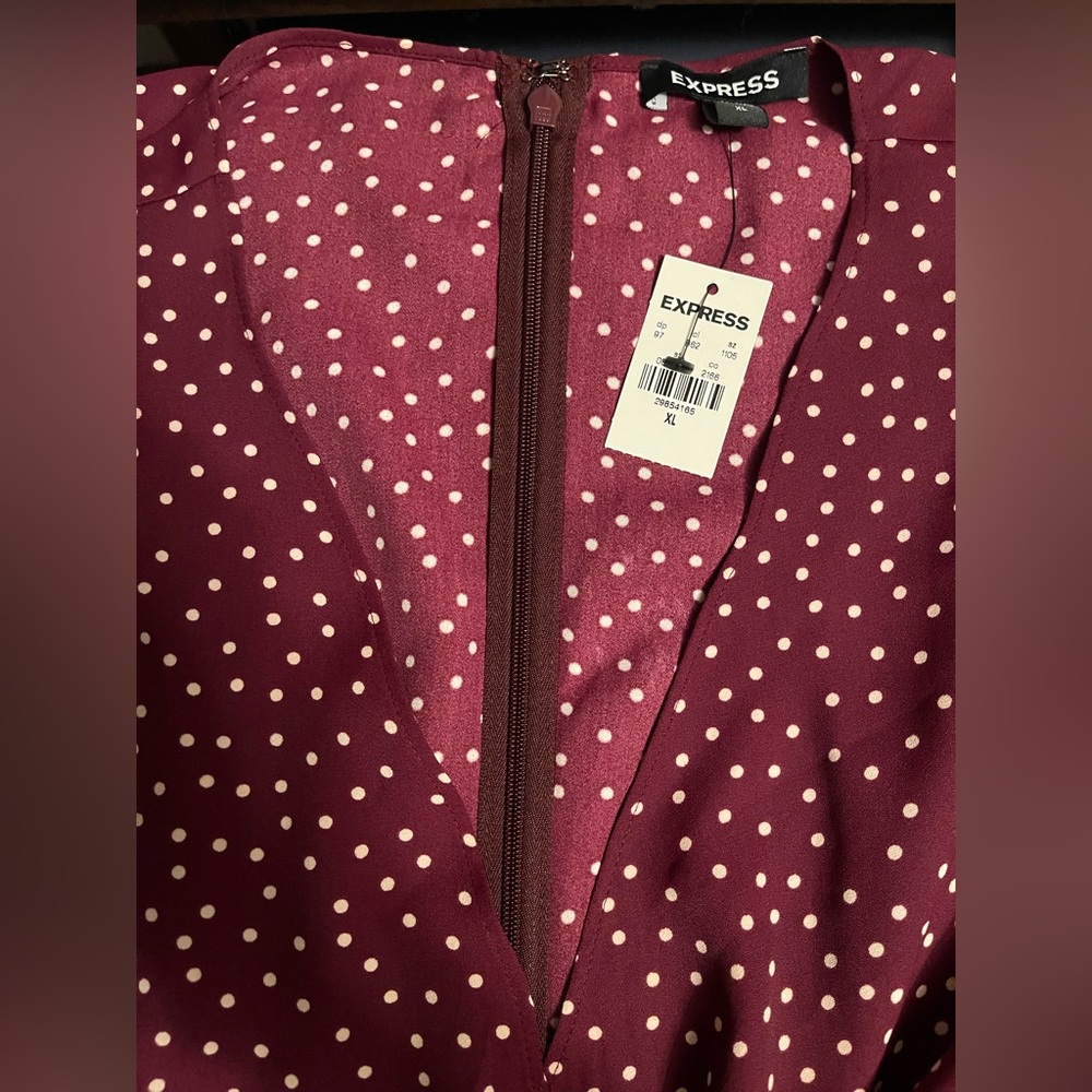 Express Maroon Blouse with Cream Dots - Picture 3 of 11